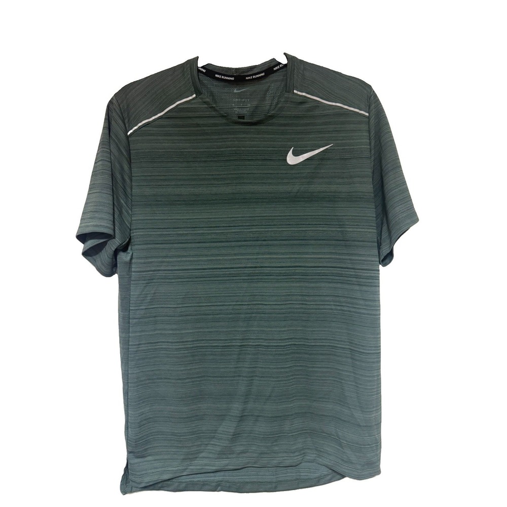 Nike Men's Small Dri-FIT Miler Running Shirt Green Heather Striped Short Sleeve